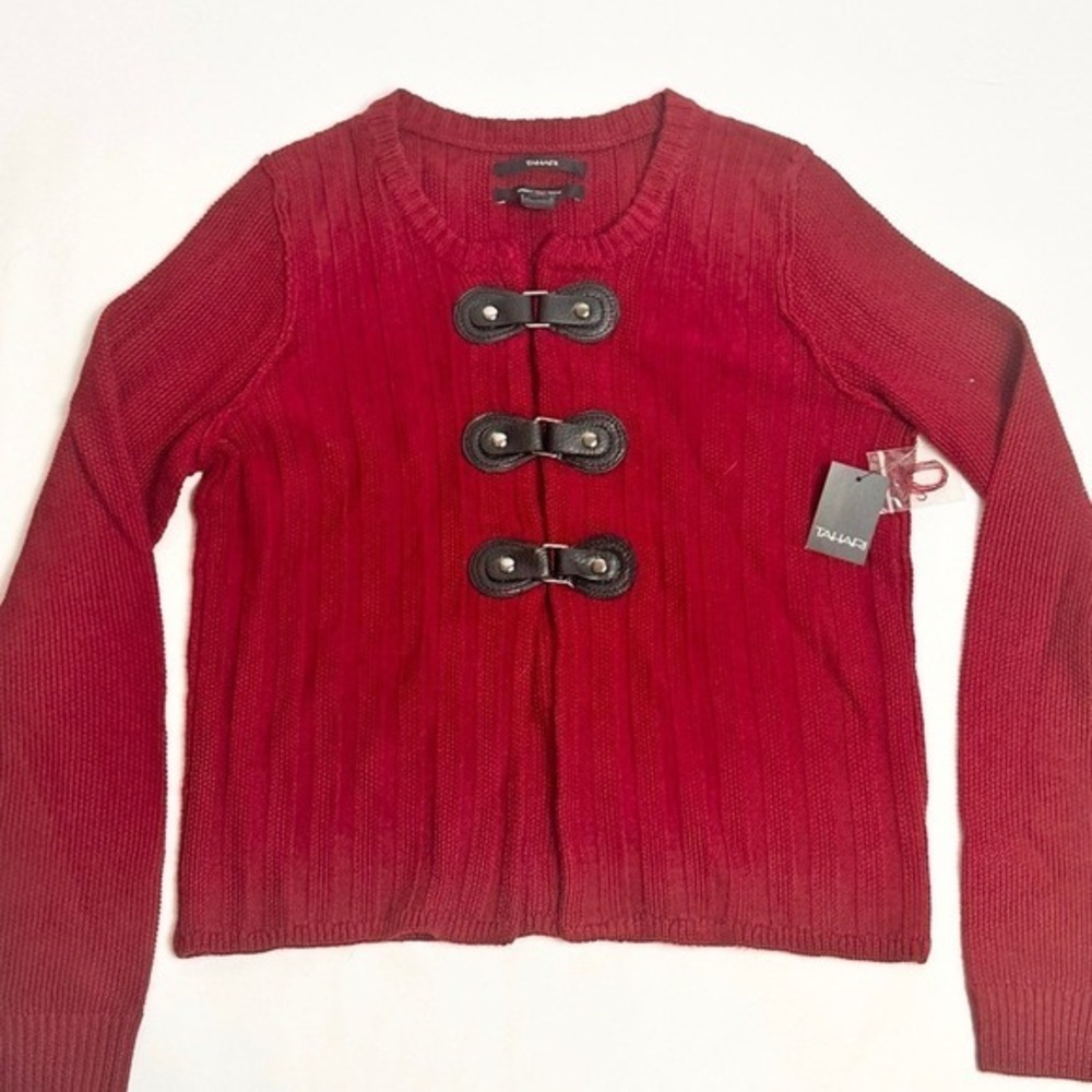 Tahari Dark Red Merino Wool Blend Sweater Cardigan Red Leather Tab Closures Med‎